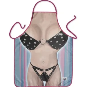 Apron with printed bikini design in black with studs and ring details.