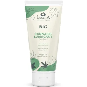 Tube mit Luxuria Bio Cannabis Gleitgel, wasserbasiert, 100 ml, hergestellt in Italien.