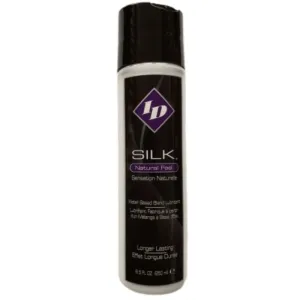 Schwarze Flasche mit lila Logo, Aufschrift "ID Silk Natural Feel", wasserbasiertes Gleitmittel, 250 ml.