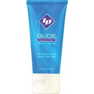 Blaues Gleitgel in einer Tube mit weißem Verschluss, 60 ml, wasserbasiert, Marke ID Glide.