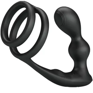 Black, ergonomically shaped sex toy with two rings and a curved end for stimulation.