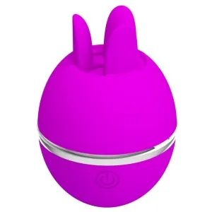 Kleiner, pinker, eiförmiger Vibrator mit Hasenohren und silbernem Ring, Power-Symbol auf der Vorderseite.