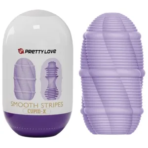Lila geripptes Sexspielzeug neben weißer Verpackung mit Produktabbildung und Logo.