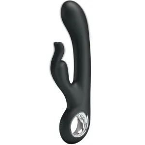Schwarzer Vibrator mit ergonomischem Design und zwei Stimulationsarmen, einer davon in Hasenform, mit silbernem Griff.