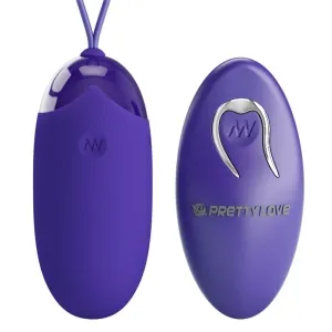Lila Vibrator-Ei mit Fernbedienung, beide mit glatter Oberfläche und Markenlogo.