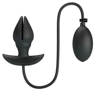 Black inflatable anal plug with pump and hose, on a white background.