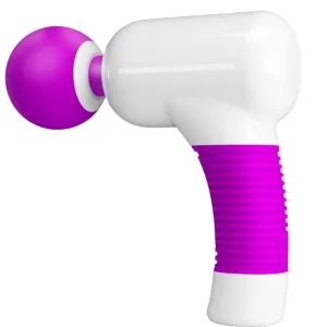 White and pink massage device with a round head and ribbed handle.