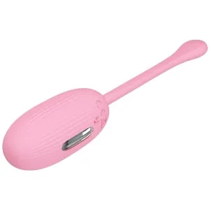 Rosa, eiförmiger Vibrator mit langem Griff und geriffelter Oberfläche.