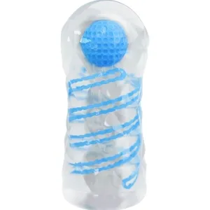 Transparenter Behälter mit blauer Spirale und Kugel im Inneren, auf weißem Hintergrund.