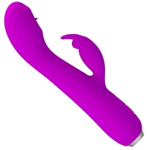 Lila Vibrator mit gebogenem Schaft und klitoraler Stimulation, auf weißem Hintergrund.
