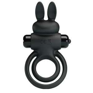 Black silicone ring with bunny ears and integrated vibrator, CE marking visible.