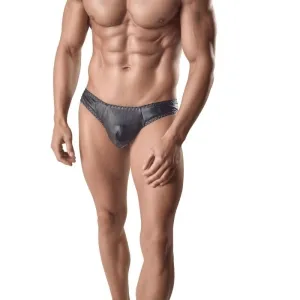 Muscular man in grey underwear against a white background.