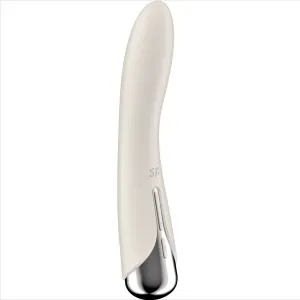 Weißer, gebogener Vibrator mit silbernem Griff und Bedienelementen an der Seite.