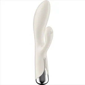 Weißer, zweigeteilter Vibrator mit glatter Oberfläche und silbernem Griff.