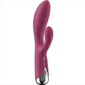 Rosa Vibrator mit zwei Armen und silbernem Griff, auf weißem Hintergrund.