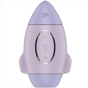 Lila, raketenförmiges Gerät mit Bedienelementen und einem Logo oben.
