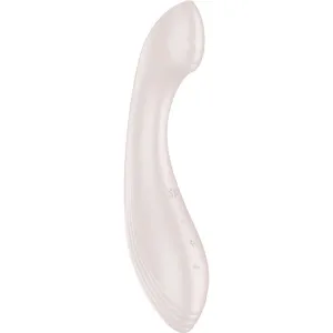 Beigefarbener, gebogener Vibrator mit glatter Oberfläche und Bedienelementen an der Seite.