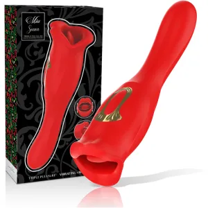 Roter Vibrator mit goldenen Akzenten, neben einer dekorativen Verpackung mit floralem Muster.