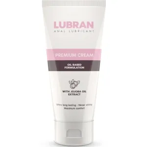 Tube of Lubran anal lubricant, premium cream, oil-based formula, jojoba oil extract, long-lasting, non-sticky.