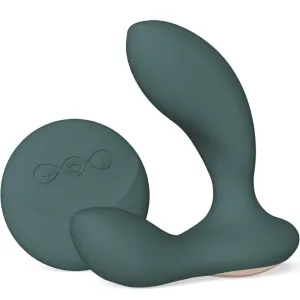 Dunkelgrüner Prostatastimulator mit Fernbedienung, beide aus Silikon, auf weißem Hintergrund.