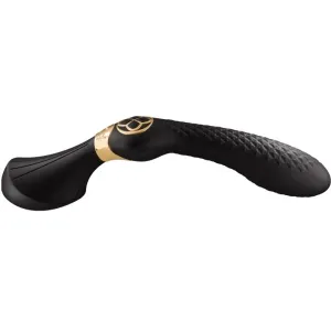 Schwarzes, gebogenes Massagegerät mit goldenen Akzenten und strukturiertem Griff.