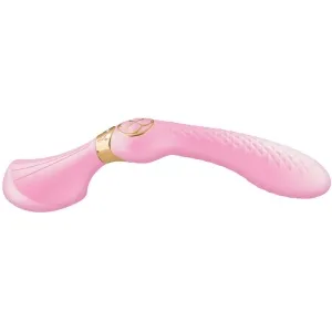 Rosa, gebogener Vibrator mit strukturiertem Griff und goldenen Akzenten, auf weißem Hintergrund.