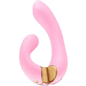 Pink, curved massager with honeycomb texture and golden accents.