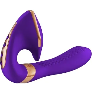 Purple and gold vibrator with textured handle and curved design.