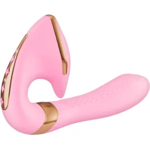 Pink and gold vibrator with curved design and textured handle.