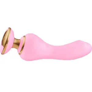 Rosa und goldener Massagegerät mit geschwungener Form und strukturiertem Griff.
