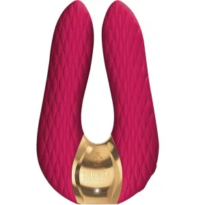 Roter, U-förmiger Vibrator mit goldener Verzierung und strukturierter Oberfläche.