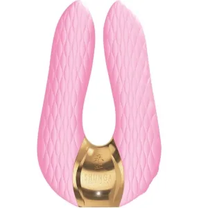 Rosa, U-förmiger Vibrator mit goldener Basis und strukturierter Oberfläche, Marke 