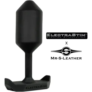 Schwarzes Elektrostimulationsgerät mit Logos von ElectraStim und Mr-S-Leather.