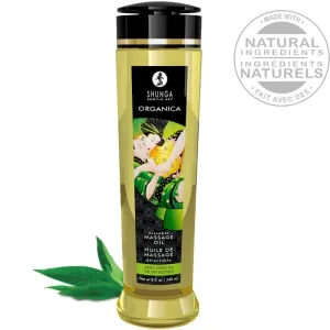 Bottle of Shunga Organica massage oil with green tea, 240 ml, natural ingredients, decorative label.