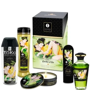 Shunga Erotik-Set mit Massageöl, Gleitmittel, Kerze und Verpackung, inspiriert von traditioneller japanischer Kunst.