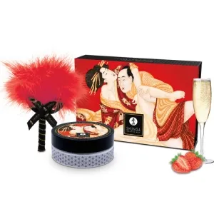 Shunga-Set mit rotem Federkitzler, Dose, Verpackung mit Kunstmotiv, Erdbeeren und Champagnerglas.