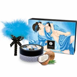 Shunga-Set mit blauer Feder, Dose und Verpackung mit erotischem Kunstmotiv, Kokosnuss und Aloe Vera.