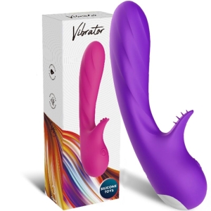 Zwei Vibratoren, pink und lila, vor einer Verpackung mit der Aufschrift 