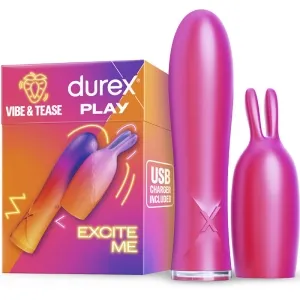 Durex Vibe & Tease Set mit USB-Ladegerät, pinker Vibrator und Aufsatz, Verpackung im Hintergrund.