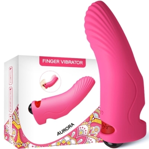 Pinkfarbener Finger-Vibrator mit Verpackung, dekoriert mit buntem Muster und der Aufschrift 