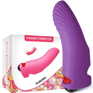 Lila Finger-Vibrator neben Verpackung mit buntem Design und der Aufschrift 