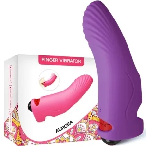 Lila Finger-Vibrator neben Verpackung mit buntem Design und der Aufschrift 