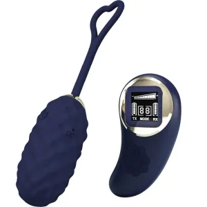 Blaues, strukturiertes Vibrations-Ei mit Fernbedienung und Display, Herzschlaufe am Ende.