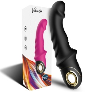 Zwei Vibratoren, einer pink, einer schwarz, vor einer Verpackung mit buntem Design und der Aufschrift 