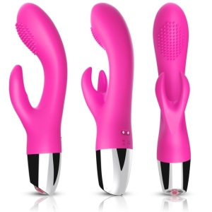 Drei pinke Vibratoren mit silbernem Griff, zwei Arme und genoppter Oberfläche, aus verschiedenen Blickwinkeln gezeigt.