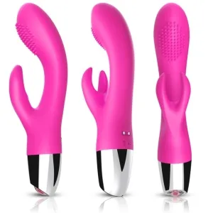 Drei pinke Vibratoren mit silbernem Griff, zwei Arme und genoppter Oberfläche, aus verschiedenen Blickwinkeln gezeigt.