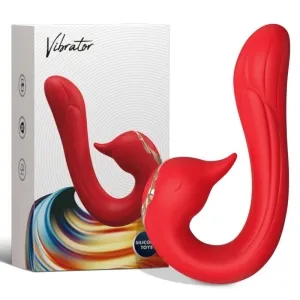Red vibrator in the shape of a bird in front of packaging with a colorful design and the inscription 