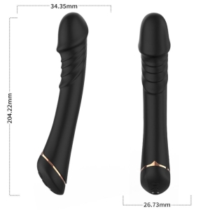 Black vibrator with golden accents, dimensions: 204.22 mm length, 34.35 mm and 26.73 mm diameter.