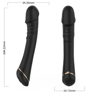 Schwarzer Vibrator mit goldenen Akzenten, Maße: 204,22 mm Länge, 34,35 mm und 26,73 mm Durchmesser.