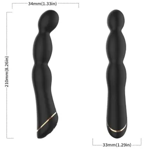 Schwarzes, gebogenes Massagegerät mit goldenen Akzenten, 210 mm lang, 34 mm Durchmesser. Seiten- und Frontalansicht.